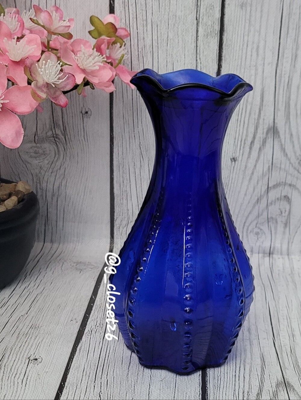 Vintage Indiana Glass Cobalt Blue Beaded Rib Vase with Ruffled Rim